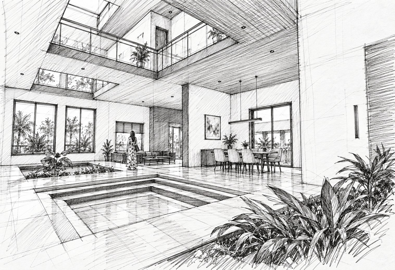 Hand-drawn perspective sketch of a light-filled atrium by Anaahata Architects